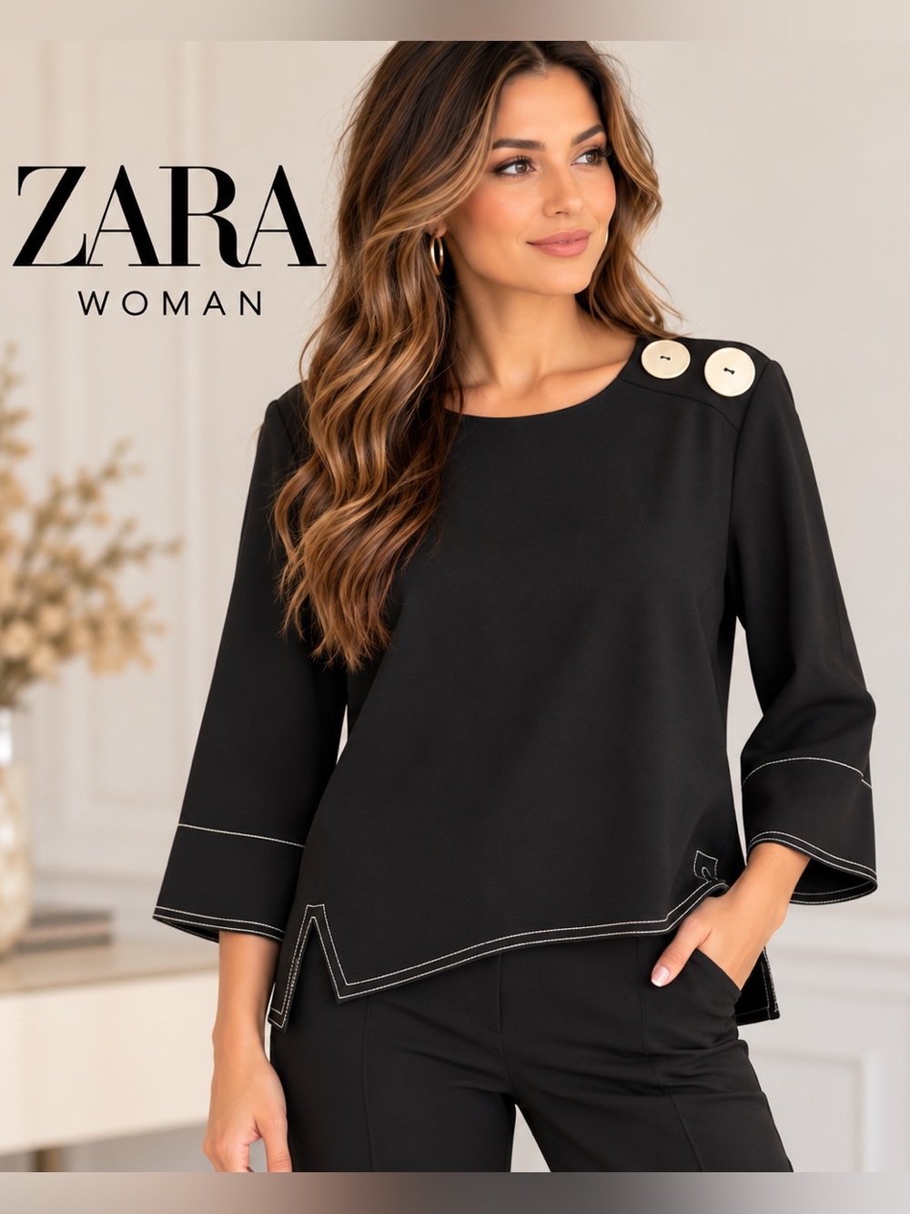 Zara Woman Polyester Button Shoulder Asymmetric Hem Blouse Black S